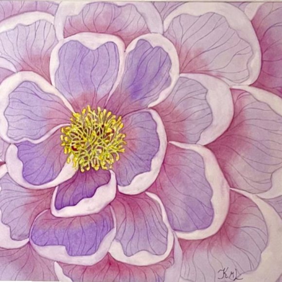 PAINTING WATERCOLOR ORIGINAL ART PEONY FLOWER LAVENDER PURPLE 11X14 & MAT 16X20 - Picture 3 of 3